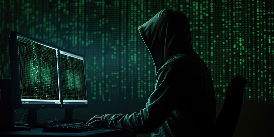 hacker wearing black hoodie typing and sitting in front of two monitors with matrix background