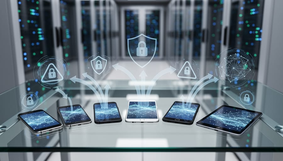 Smartphone displaying network security interface on professional desk