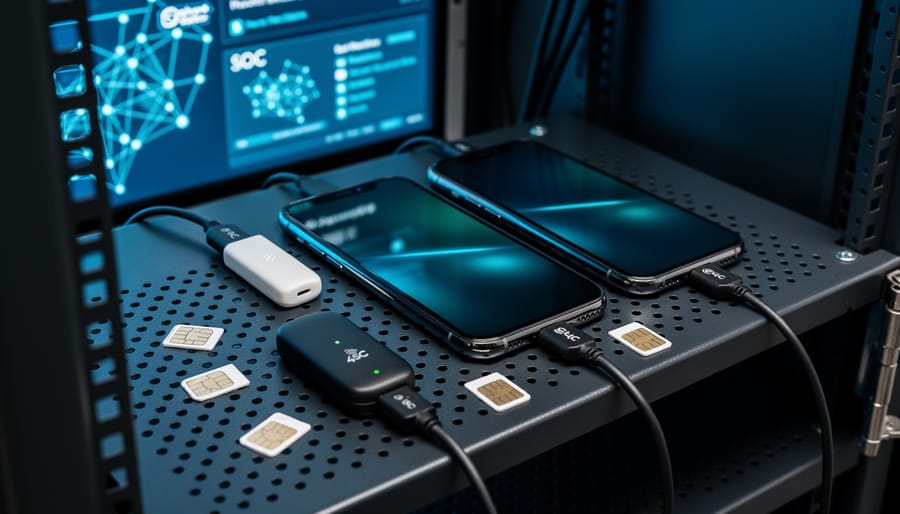 Close-up of multiple smartphones connected to 4G/5G USB modems with SIM cards on a server rack, cool blue lighting, with blurred background monitors showing abstract network nodes, conveying monitoring and security risks of mobile rotating proxies.