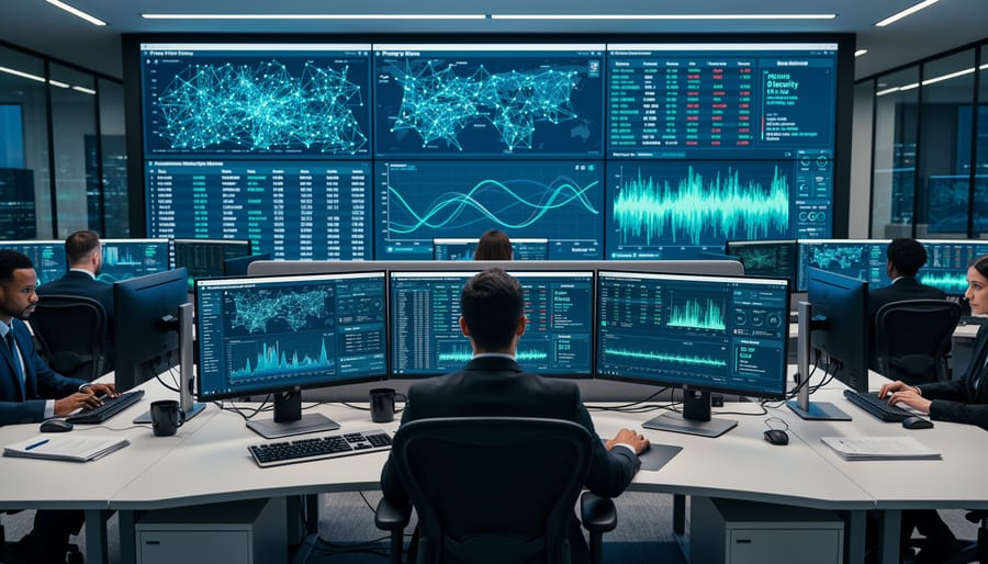 Security analyst monitoring network traffic on multiple display screens in operations center
