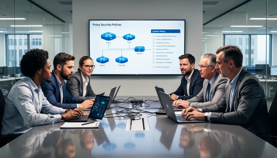 Cybersecurity team meeting to discuss proxy security policies and risk management