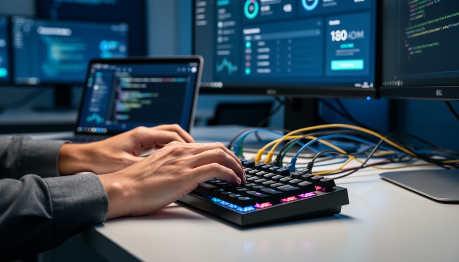 Close-up of hands connecting hardware in a cybersecurity training lab