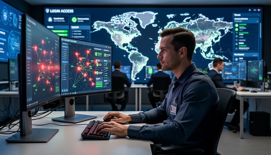 Cybersecurity analyst in an operations room unplugging a network cable to reduce attack exposure.