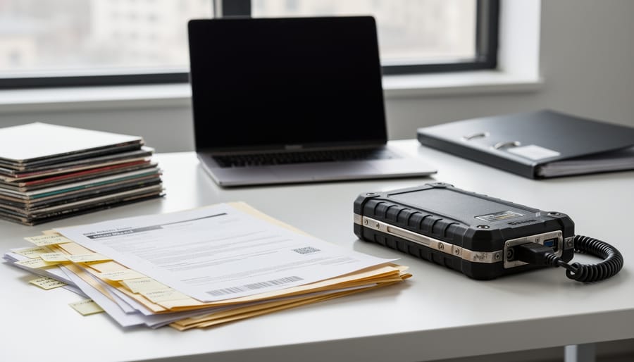 Hard-copy binders and a rugged external drive representing offline backup resources for ransomware recovery.