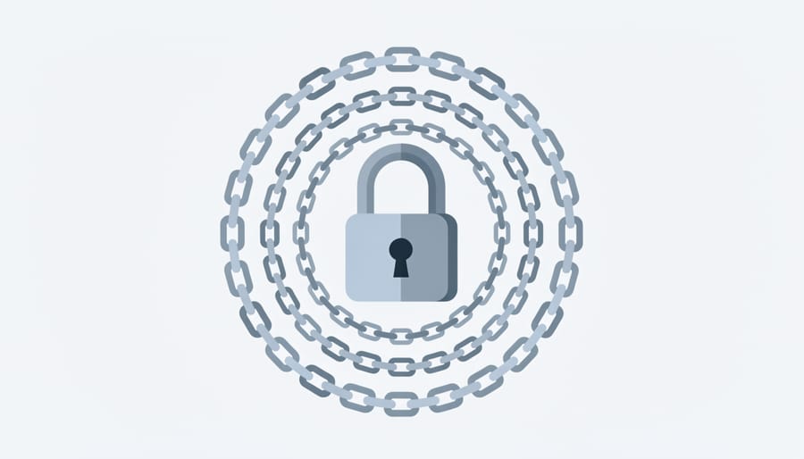 Locked padlock and layered chain placed over an open laptop keyboard representing protection layers.