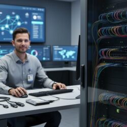 Cybersecurity analyst in a modern operations room next to server racks and offline backup storage media, illustrating ransomware prevention through preparation, protection, and recovery readiness.