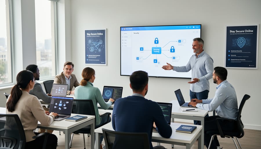 Trainees in a cybersecurity classroom training session with a facilitator assisting at laptops