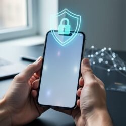 Hands holding a smartphone with a subtle lock-and-shield protection motif above it, set against a blurred modern desktop cybersecurity background.