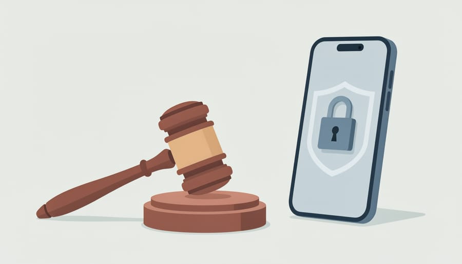 Courtroom gavel placed on a smartphone, symbolizing consumer recourse and hearing rights for online security issues.