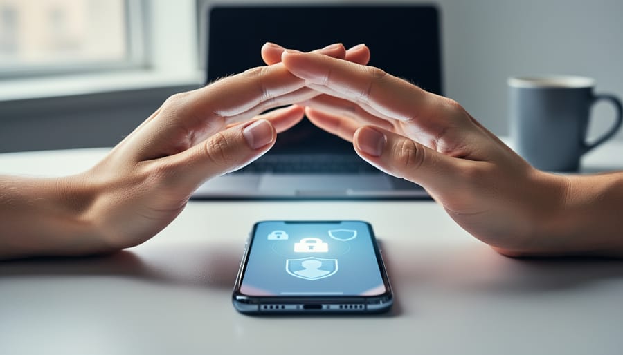 Gloved hand covering a smartphone camera to symbolize online safety and privacy protection.