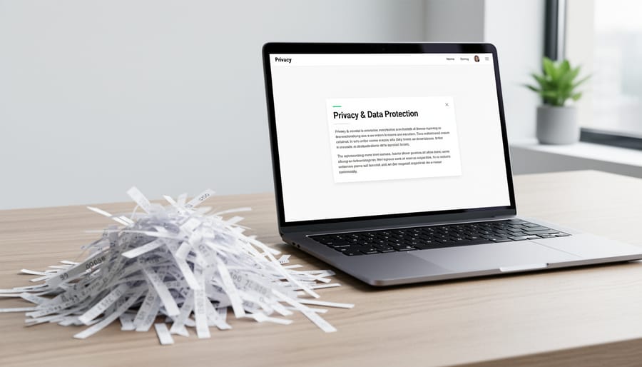 Person shredding documents next to a laptop to represent transparency and responsible data practices.