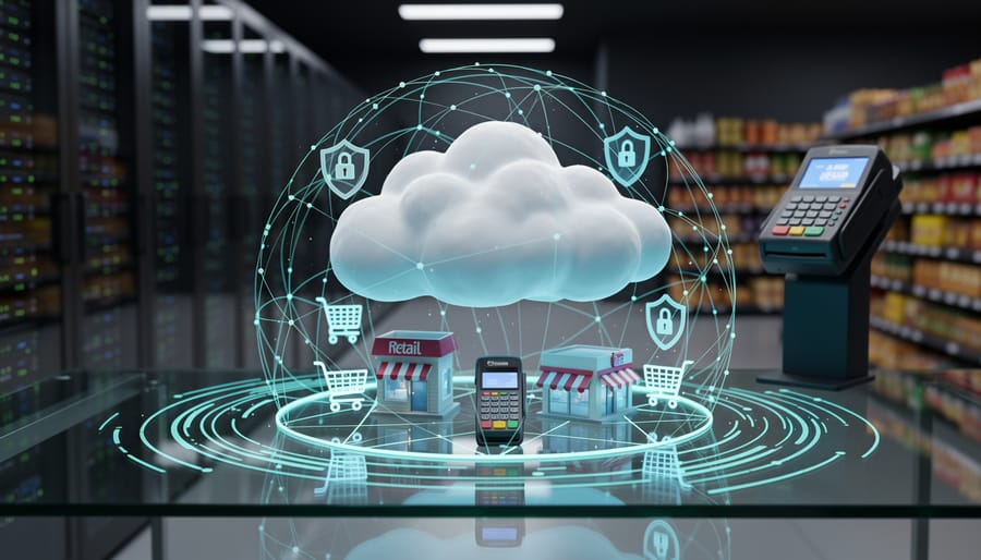 A glowing fiber-optic cloud-shaped network node above server racks symbolizing cloud security infrastructure.