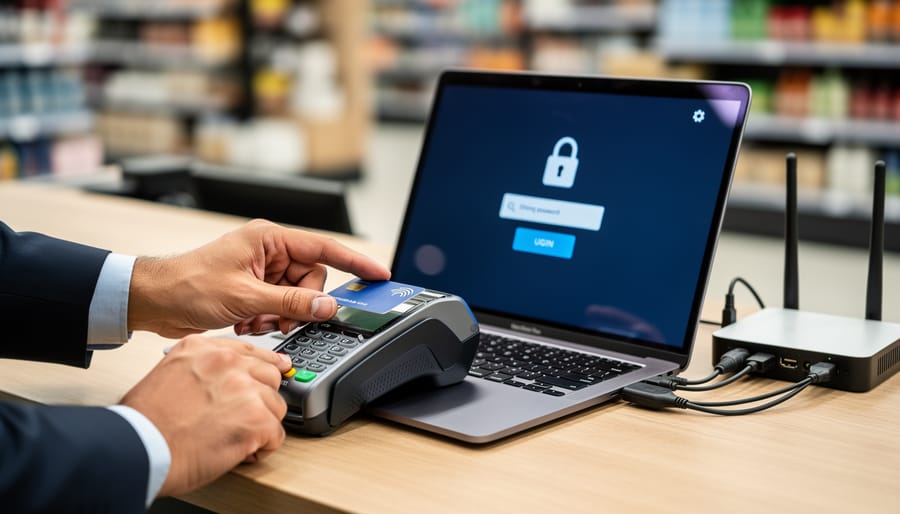 A cybersecurity professional hands securing a heavy metal cabinet representing protection of retail security systems.