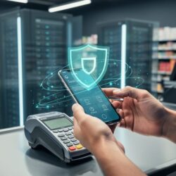 Eye-level shot of a retail clerk holding a smartphone with a faint holographic shield and network lines above a checkout terminal, suggesting online security services for retailers.