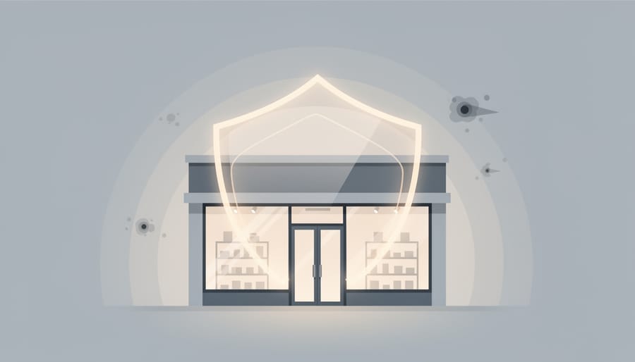 A retail storefront window at night with a subtle protective blue glow symbolizing ongoing online security defense.