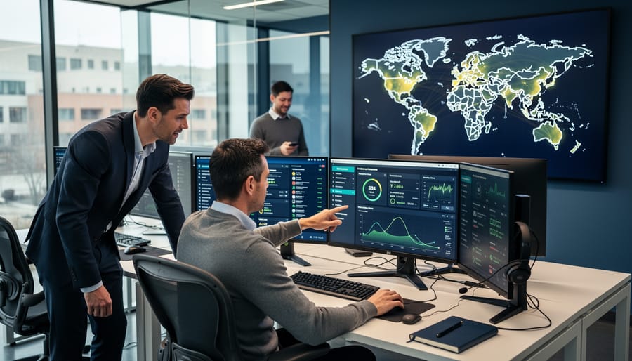 A retail manager in a modern office monitoring online security while connected to blurred dashboards on a large screen.