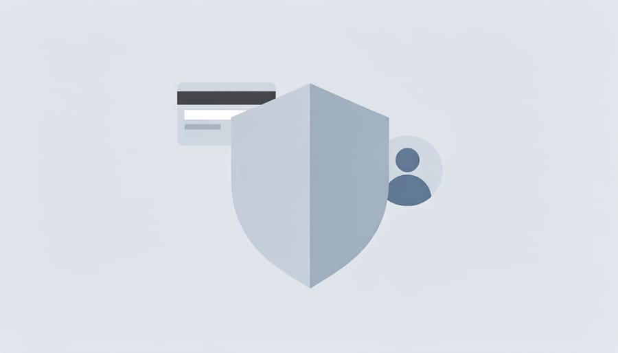 A transparent glass and metal shield resting on a retail checkout counter symbolizing online protection.
